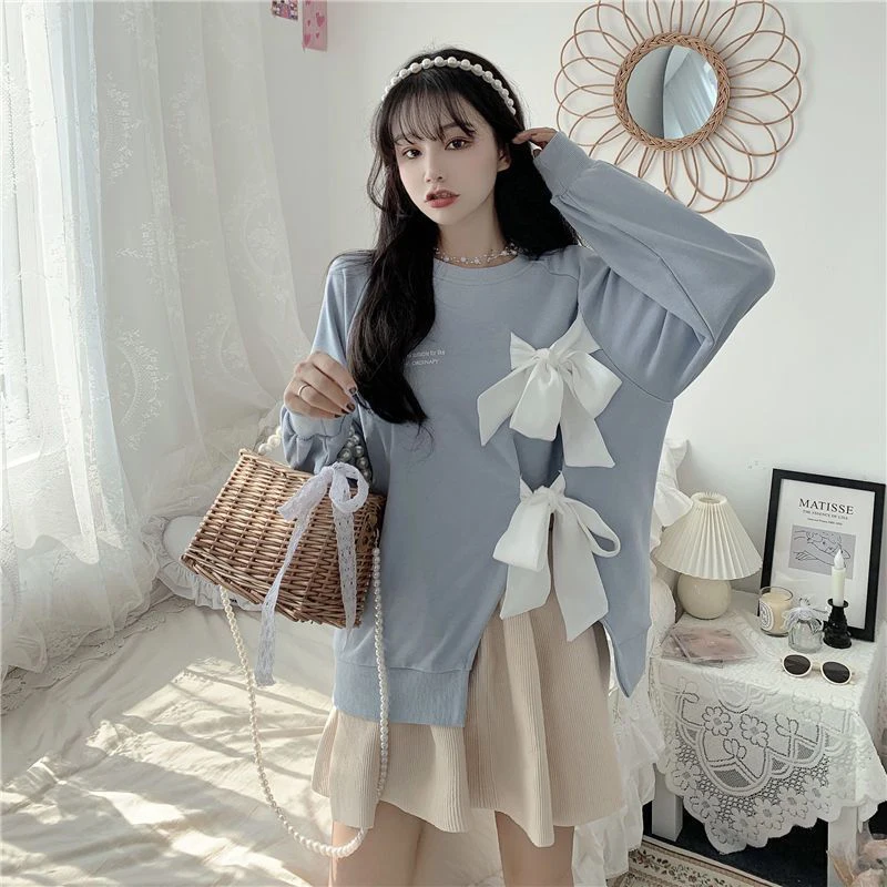 GIDYQ Kawaii Preppy Style Long Sleeve T Shirt Women Sweet Cute Bow Loose Top Korean Chic Casual Fashion All Match Tee Autumn New