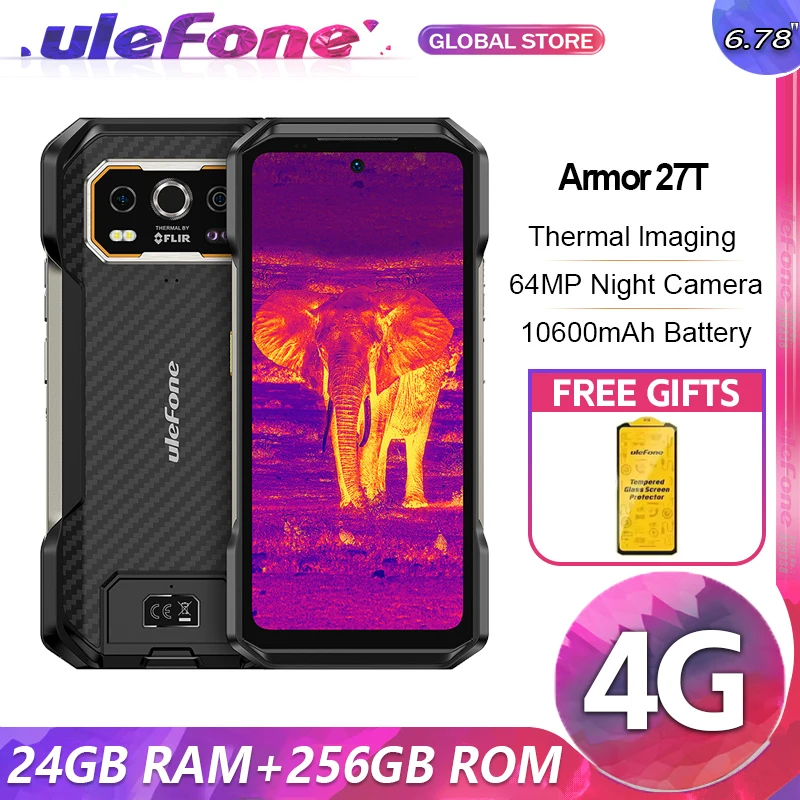 Прочный телефонный тепловизор Ulefone Armor 27T, 12 ГБ + 256 ГБ, 10600 мАч, 6,78 дюйма, Android 14 Helio G99, смартфон ночного видения 4G NFC
