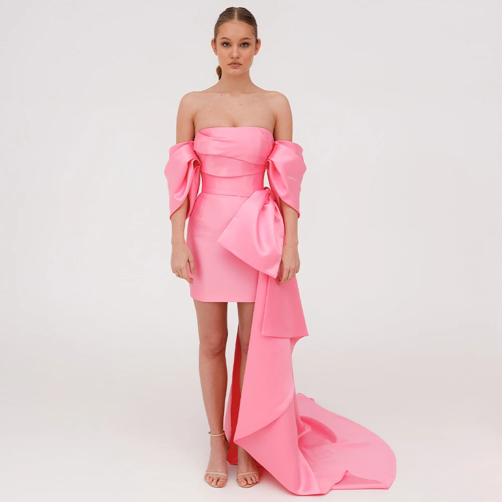 Pink Party Dresses Satin Off the Shoulder Strapless Women\'s Cocktail Dress Detachable Train Big Bow Puff Sleeves  Gowns