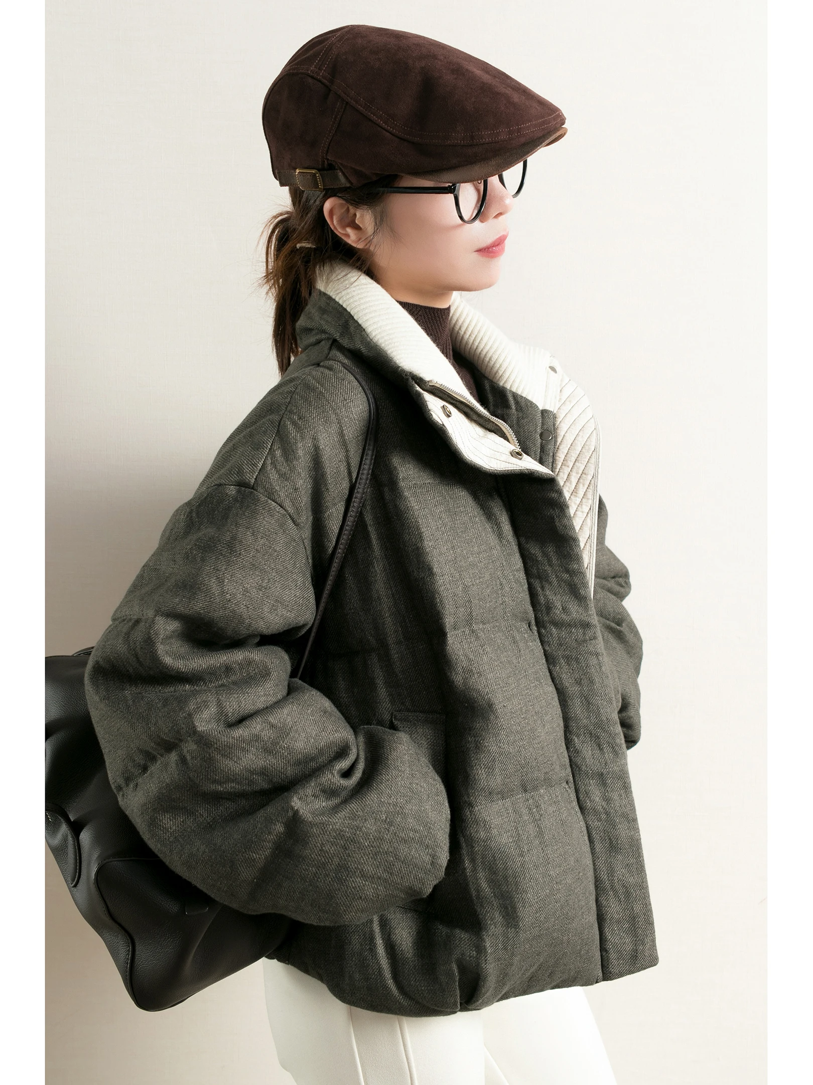 

Винтажная короткая женская куртка из льняной ткани с вязаным воротником, утепленная белым гусиным пухом, теплая повседневная модная модель