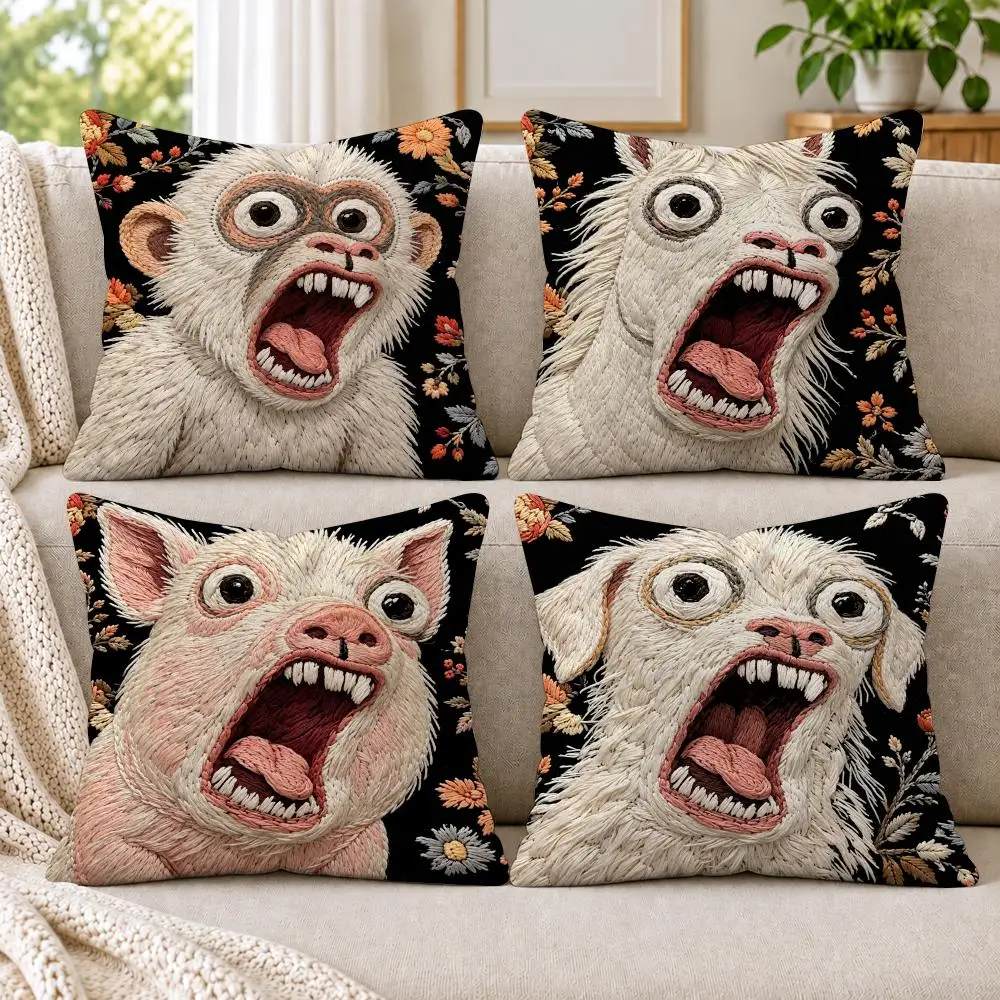 2D Beasts Roar With Wild Blooms Cushion Cover Short Plush Soft Double-Sided Printing Pillow Case Sofa Bedroom Home Decor Gift