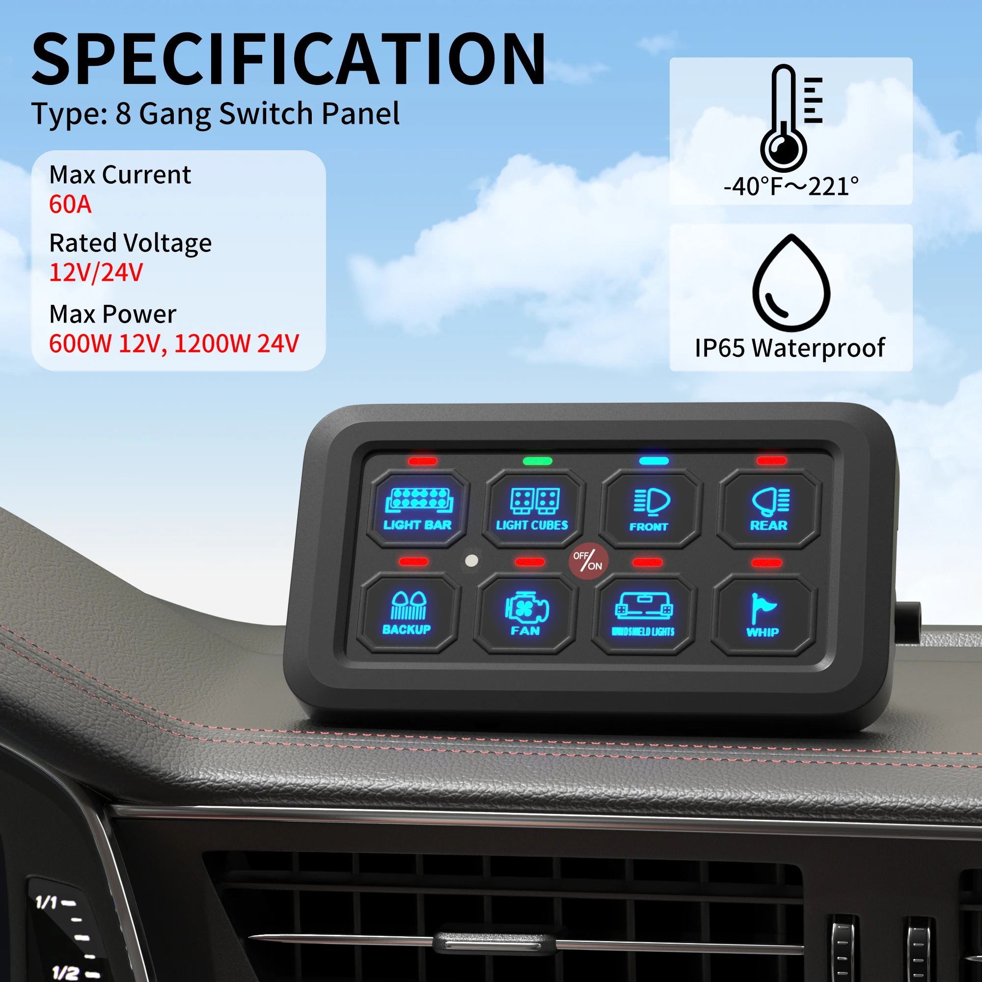 8Gang Switch Panel ACC Blue-tooth 12V 24V Switch Panel with LED Waterproof Relay Box &Wiring Harness Marine/Car/RV Smart Control
