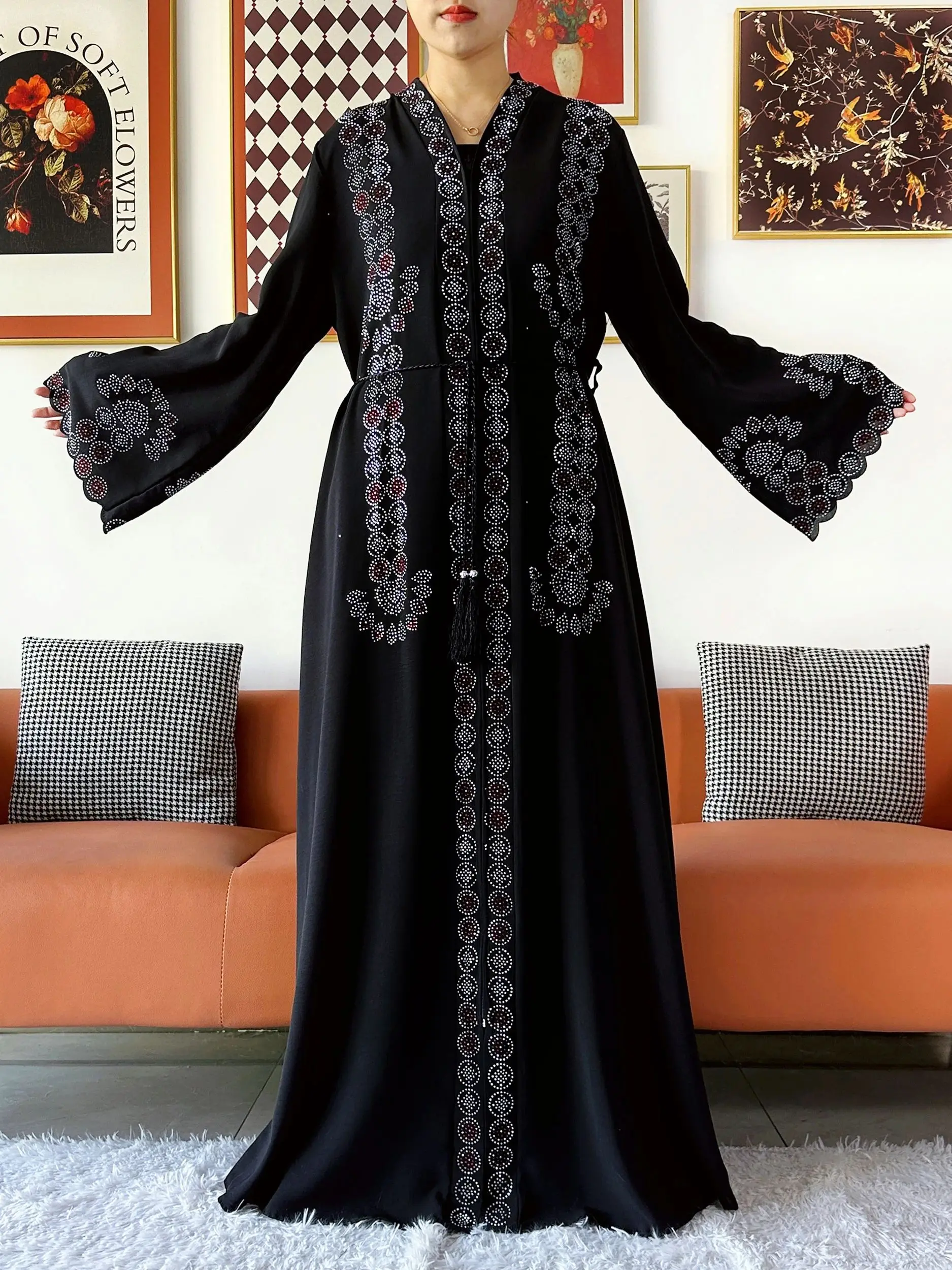 2025 Women Elegant Party Dress Chiffon Open Zipper Loose Abaya Muslim Women Dress Islamic Clothing Cardigan Abaya Muslim Dress