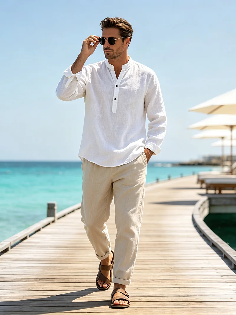 Herren Sommer Leinen Kurzarm Henley-Shirt mit Stehkragen, entspannte Passform, atmungsaktiv, leicht, lässiges Oberteil für den Alltag. – Detail 12