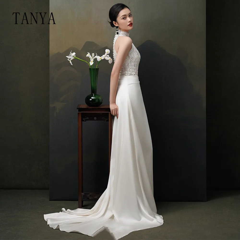 Gaun pernikahan Satin elegan dengan renda untuk wanita leher O tanpa lengan gaun pengantin klasik model A Line khusus TSWD203