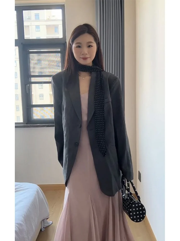 

Gray Suit Jacket Women's Spring New Fashion Loose Korean Style Versatile Commute Design Sense Top Polyester Fiber Long Sleeve