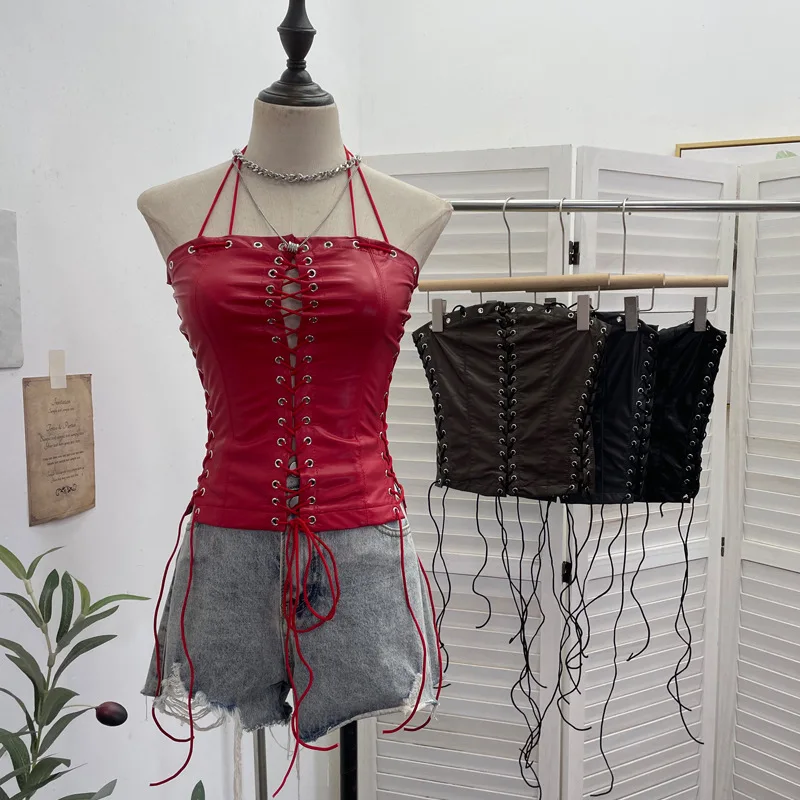 Women Vintage Punk Hot Girls Strappy Tube Top Pu Leather Top Sexy Tight Sexy Short Halter Neck Hollow Out Top Y2K Streetwear2765