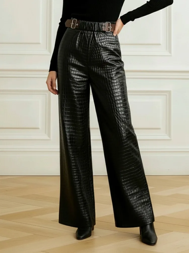 Women Elastic High Waist Double Buckle Belt Pants Crocodile Embossed Faux Leather Wide Leg Full Length Palazzo Trousers