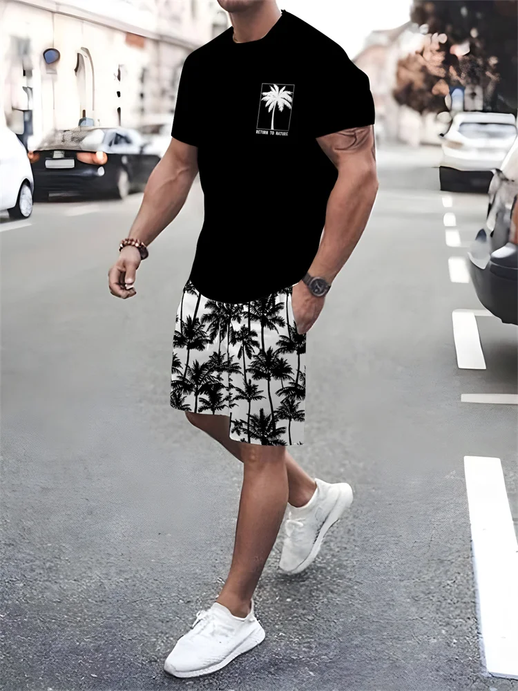 

Summer Tropical Coconut Tree Printed Men's Two-Piece Set Casual Round Neck Short-Sleeved + Drawstring Shorts Men 2-piece Suit
