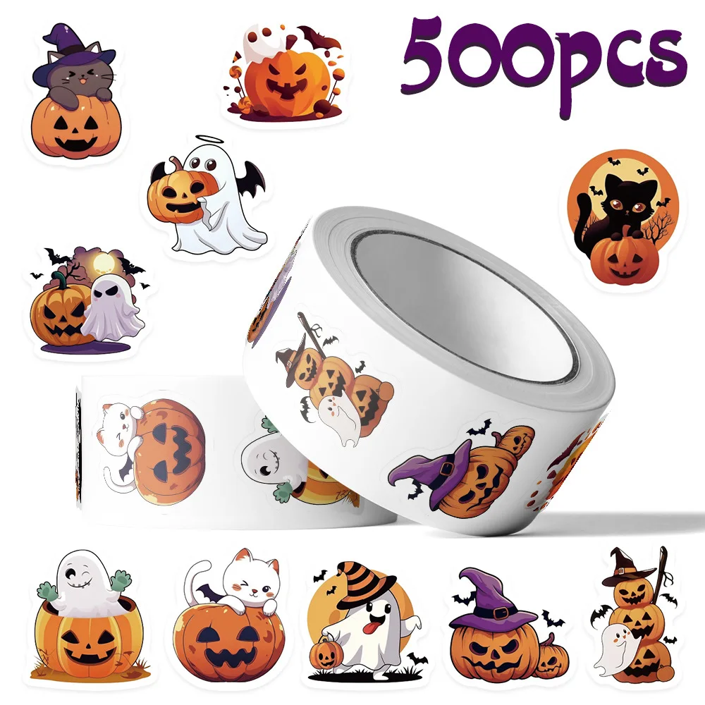 

500Pcs/Roll Halloween Pumpkin Festival Roll Stickers Funny Cartoon Decal Notebook Phone Guitar Cup Skateboard Waterproof Sticker