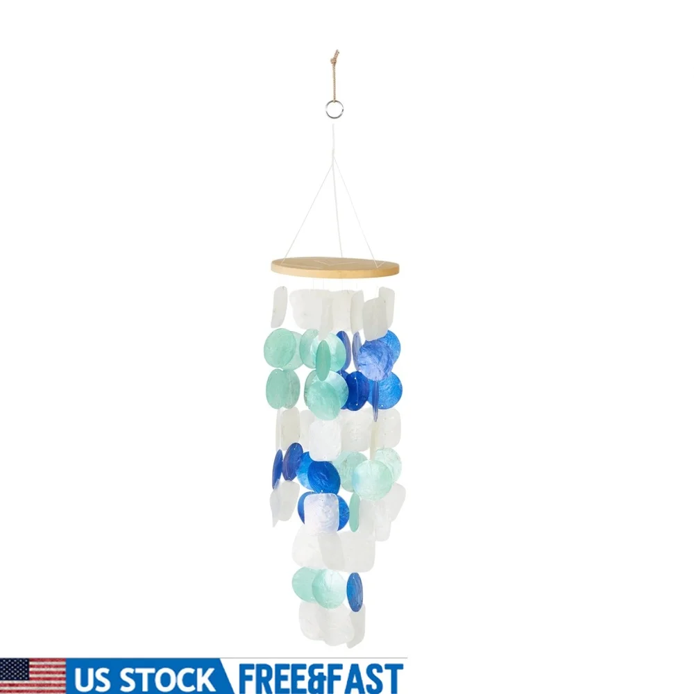 

Coastal Capiz Shell Waterfall Wind Chime Indoor Outdoor Handmade Wood Top Colorful Garden Decor 22 Inch Hanging Art