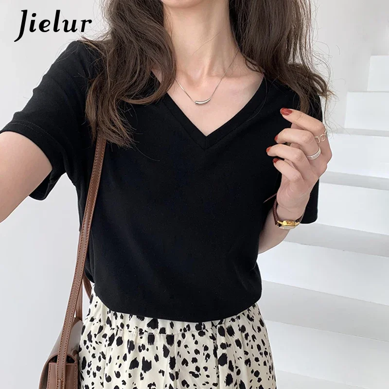 V-neck T-shirt Women Summer Loose Gray Blue White Black Women's Top Short-sleeved Thin New Bottoming T-shirts S-XL