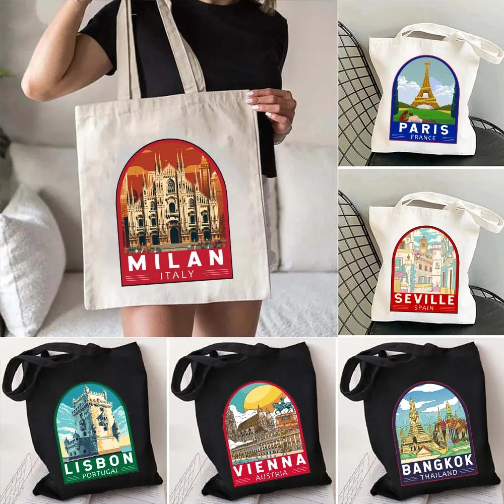 Bangkok Dubrovnik Lisbona Siviglia Mallorca Milano Borsa tote in tela di cotone shopper carina Pamukkale Seoul Vienna Borse con emblema retrò