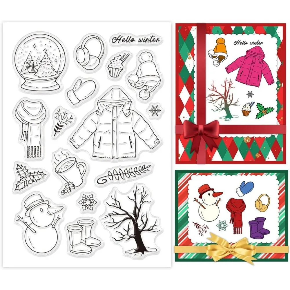 1Sheet Hello Winter Clear Stamps Snowman Clear Stamps Snowball Clear Stamps Snowflake Stamp