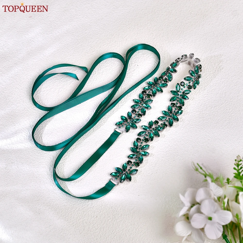 TOPQUEEN Emerald Green Rhinestone Wedding Belt, Slim Bridal Sash, Birthday Party Prom Holiday Dressing Accessory S300