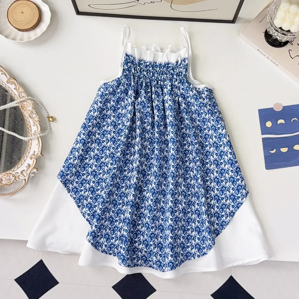 Summer Promotion Blue Pleated Flower Print Casual Dress for Girls Aged 3-6, Daily Wear Korean Version