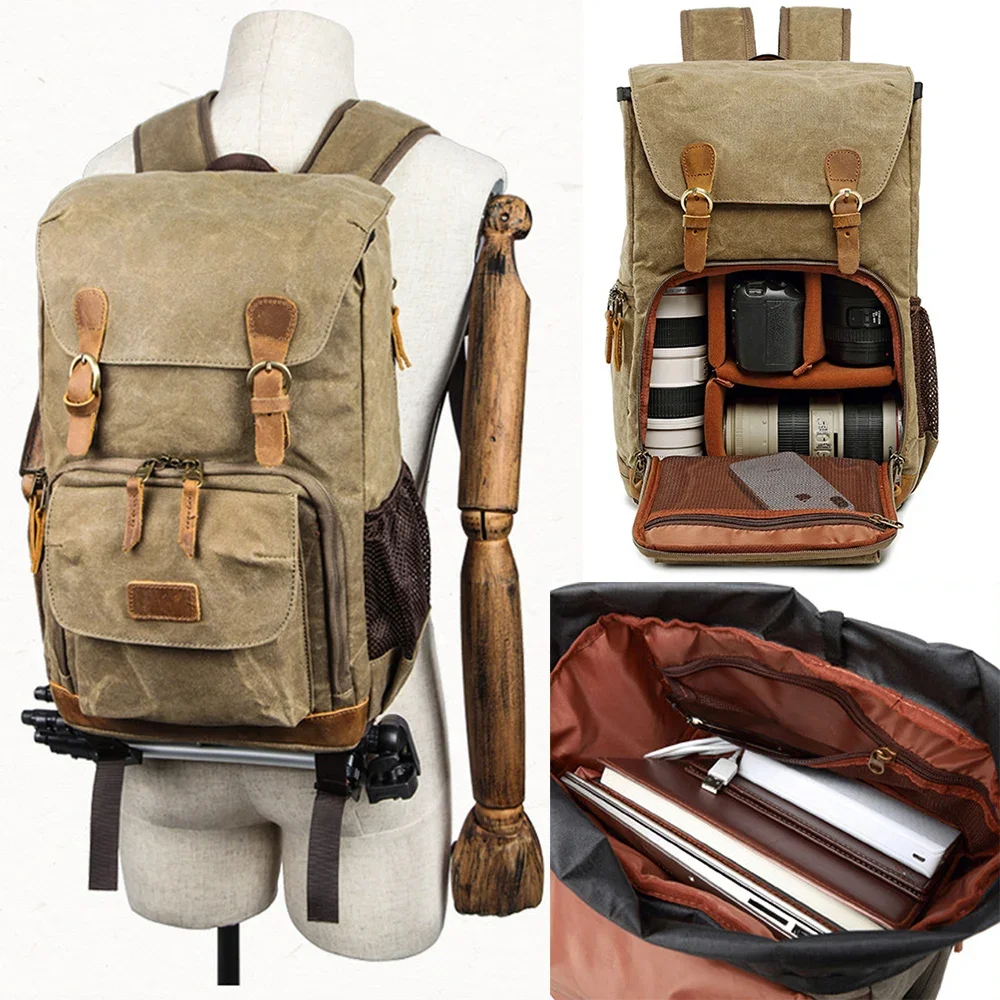 Waterproof Camera Bag Backpack Large Capacity Photo Bag Batik Canvas Camera Lens Case Canon Nikon for 15 Inch Laptop