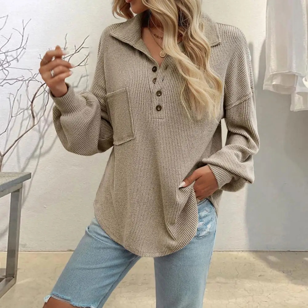 Long Sleeve Shirt with Pockets Stylish Lapel Button Knit Tops for Women Long Sleeve Pullover with Patch Pocket Loose Fit Solid