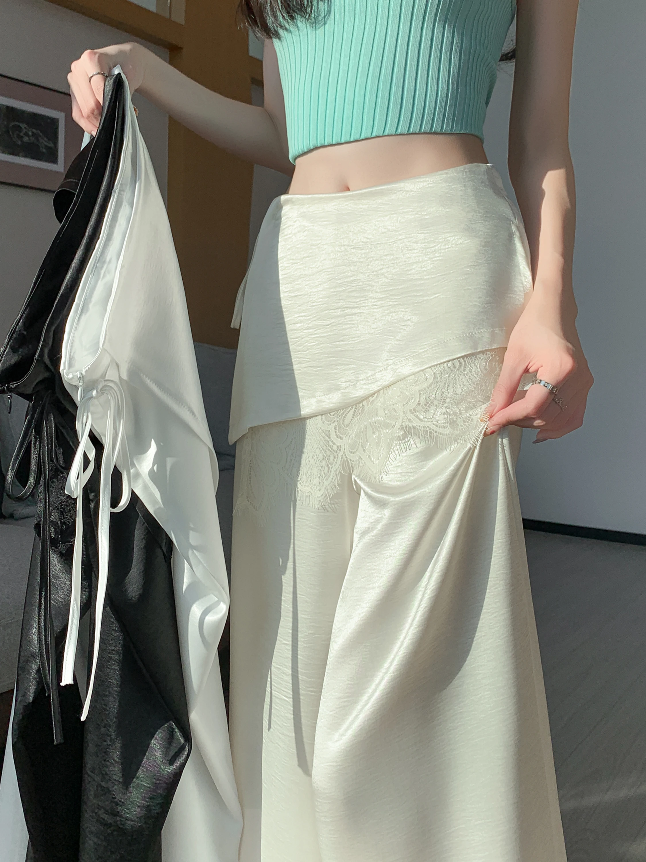 

Silk Lace Trimmed Acetate Satin Wide Leg Pants Women's Summer Loose Thin Suit Dragging Trousers Commute Style High Waist Zipper