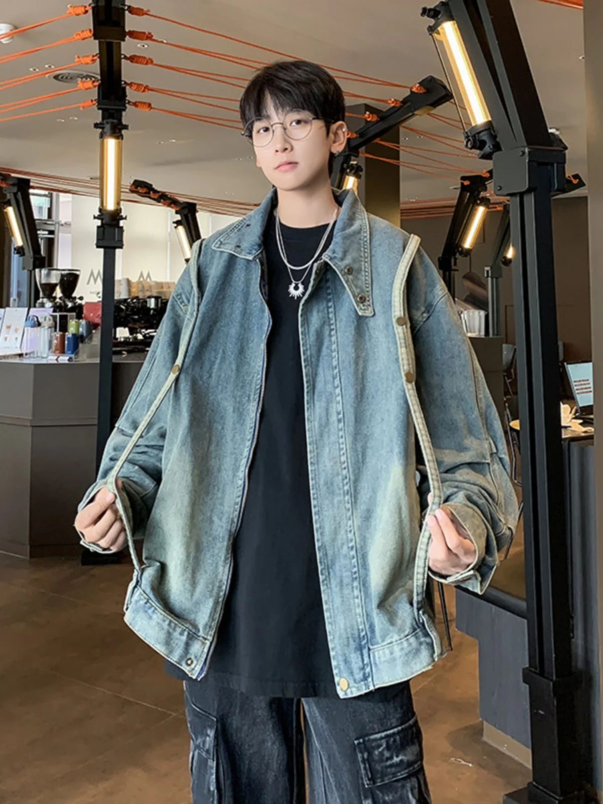 

Retro American Design Distred Denim Jaet ex Sli Streetwear Hot Girl ort Workwear Outerwear for Teenagers