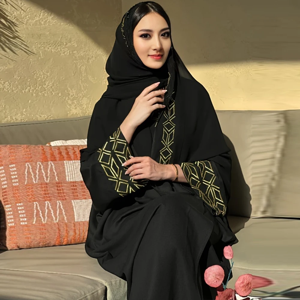 Muslim Hijab Abayas For Women Arab Ramandan Eid Gold Embroidery Open Modest Abaya Dubai Kaftan Dresses Islamic Clothing 2024 New