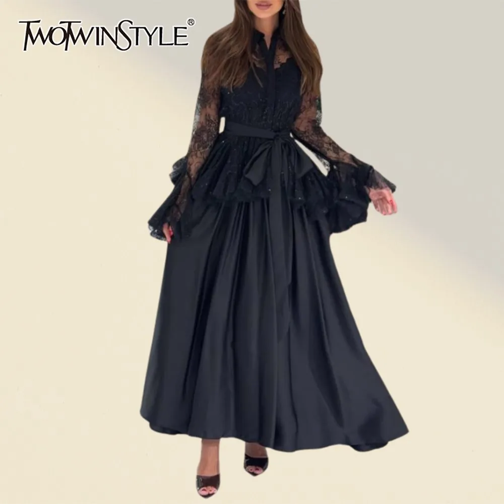 

TWOTWINSTYLE Solid Spliced Lace Two Piece Set Female Lapel Long Sleeve Jacket French Elegant Women's Skirt Set Autumn Fashion