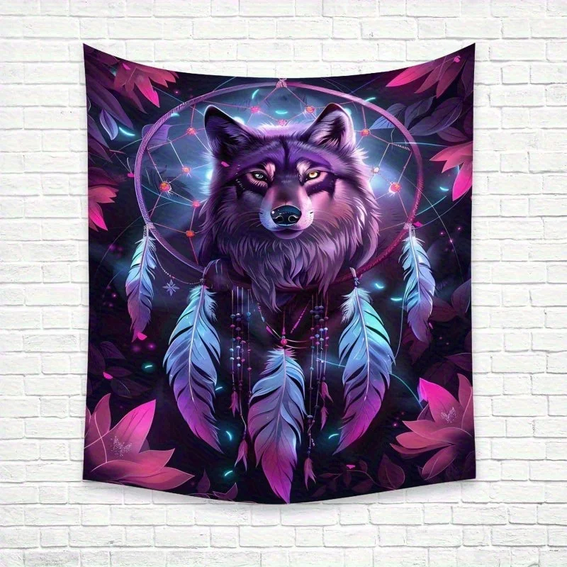 1pc Dreamcatcher Wolf Tapestry - Polyester Peach Light Beige Camping Scene Backdrop with Vibrant Neon Feathers & Dreamcatchers,