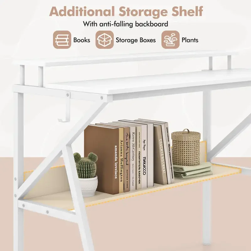 

Space Saving Computer Desk with Monitor Stand and Extra Storage Shelf for Work Study-White
