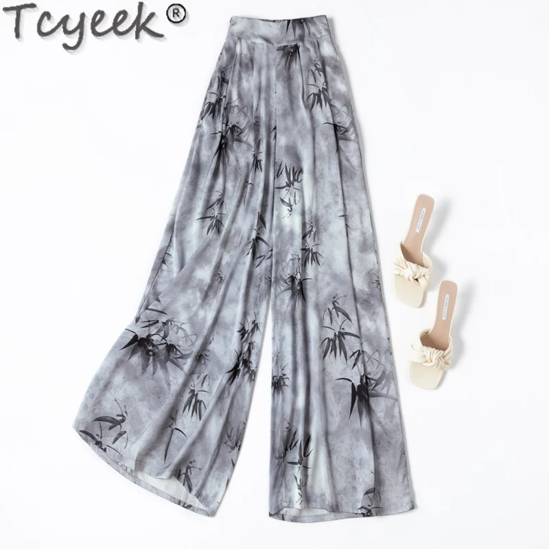 Tcyeek 93% Mulberry Silk Pants Womans Clothing Wide Leg Pants Women Summer Long Pant Casual Trousers Pantalones De Mujer 2024