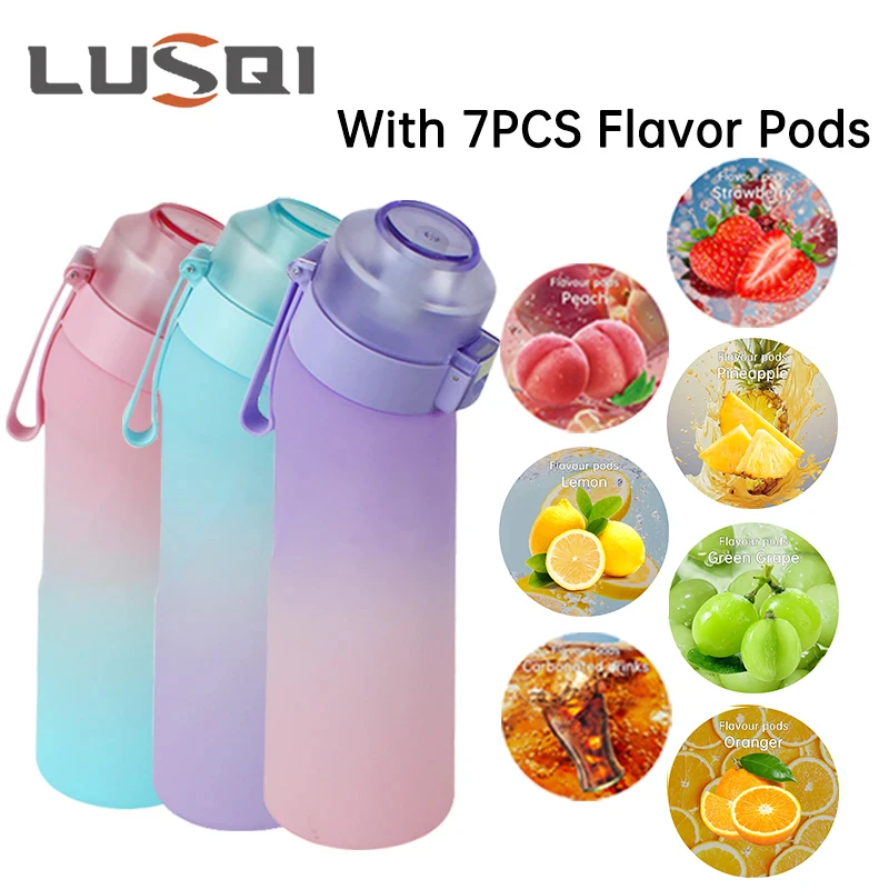 LUSQI Air Flavored Water Bottle With 7 Flavor Ring Sports Leak Proof Sports Water Bottle 650ml Fashion Straw Tritan Plastic Cup