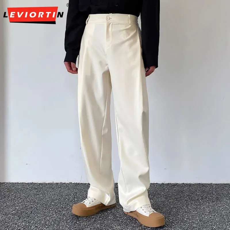 

Fashion Men Straight Suit Pants Solid Color Loose Pleated Buckle Adjustment Wide Leg Pantalones Streetwear Casual Men's Trousers