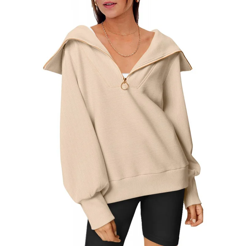 

2025New Autumn Winter Women's Loose Fit Turn-down Collar Zipper Sweatshirt