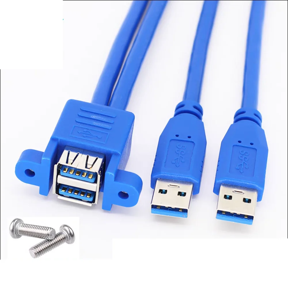 

Dual port USB 3.0 male and female extension cables with screw holes on the upper and lower layers, 2-port data cables can be fix
