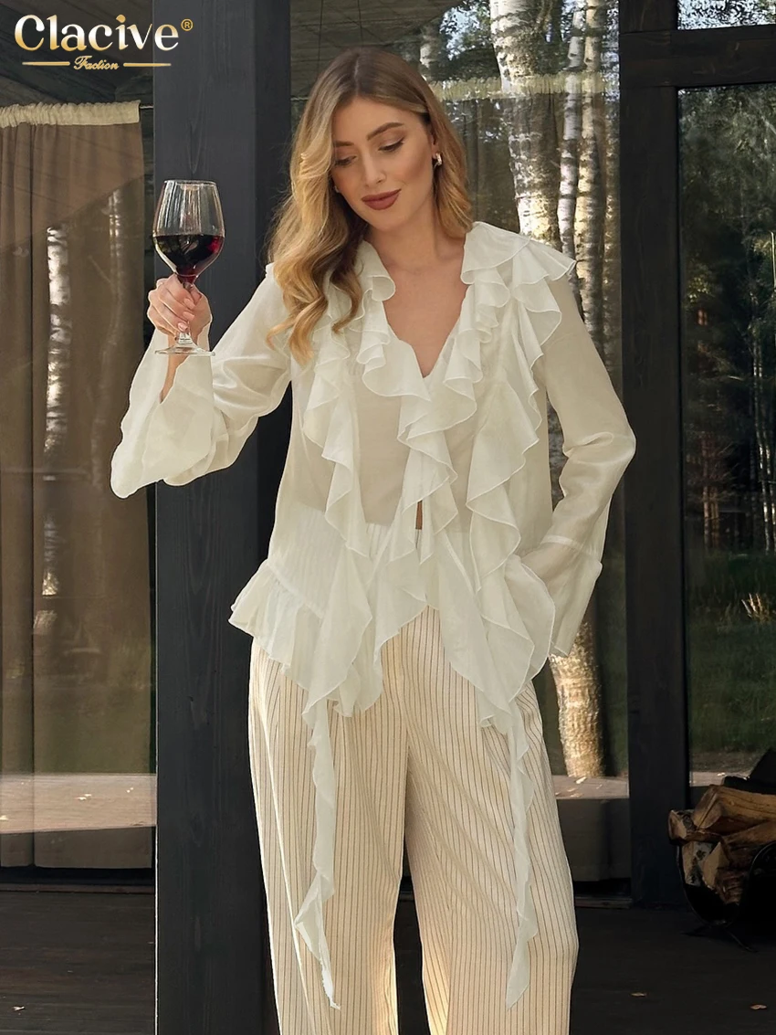 Clacive Sexy Loose Beige Women\'s Shirt 2025 Elegant V-Neck Long Sleeve Shirts Casual Classic Ruffle Lace-Up Top Female Clothing