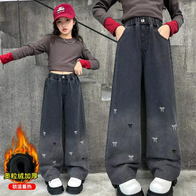 Teens Child Winter Loose Jeans Butterfly Embroidery Girls Kids Warm Pants Trousers with Fleece Lined Thick Trousers for 4-14Year