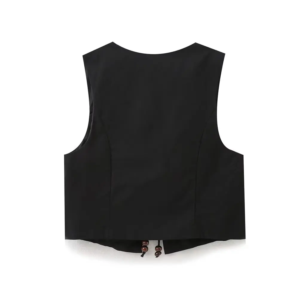 

ZBZA Autumn New Women's Faion Design Sense Beaded Knot Linen Blend Vest Versatile Sle f Open Collar Belted