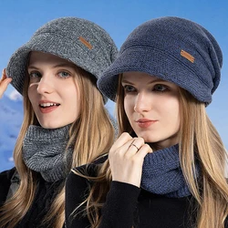 Winter Knitted Hat Scarf Set for Women Thickened Fleece Lining Beanies Short Brim Plush Bonnet Outdoor Windproof Warm Riding Cap