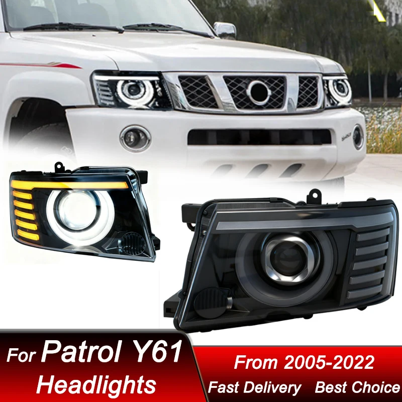 

Горячие автомобильные фары для Nissan Patrol Y61 05-22, новый стиль, полностью светодиодные фары DRL в сборе, обновленный комплект аксессуаров для линз проектора