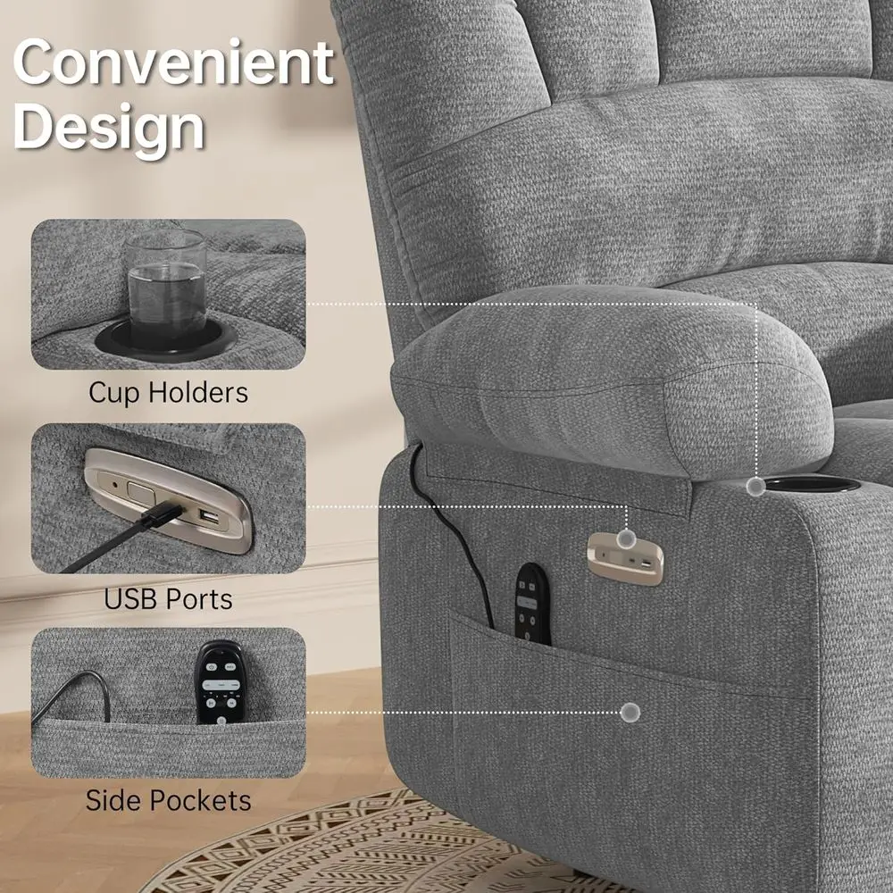 كرسي رفع تدليك كهربائي مع حرارة لكبار السن، مسند ظهر كبير من الشنيل، رمادي فاتح #5