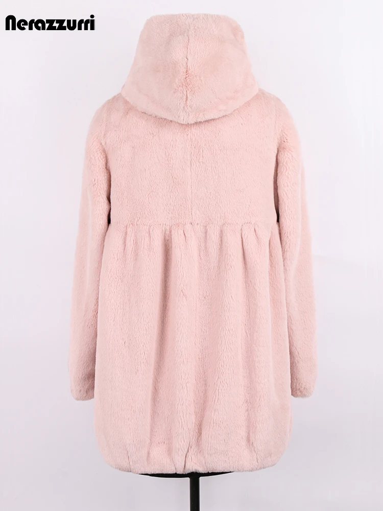 Nerazzurri Spring Autumn Pink Pleated Soft Light Faux Fur Coat Women with Hood High Waist Fluffy Jacket Casual Korean Clothes