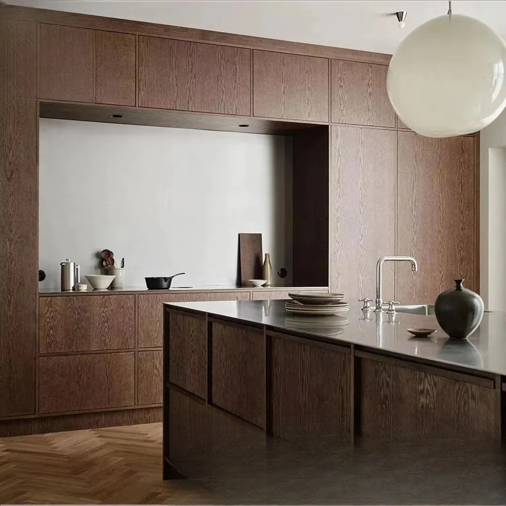 Nordic Atmosphere Clean Lines Stainless Steel Bench Top Black Walnut Veneer Kitchen Cabinet for Architect Townhouse Design