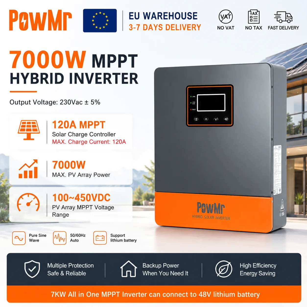 PowMr 7KW 48V Hybrydowy Inwerter Solarny z Funkcją Ładowania, Maks. Napięcie PV 7000W, PV 100-450VDC, Ładowanie Solarny MPPT 120A, Ładowanie AC 60A, Obsługa Baterii Litowych i Kwasowo-Ołowiowych,
