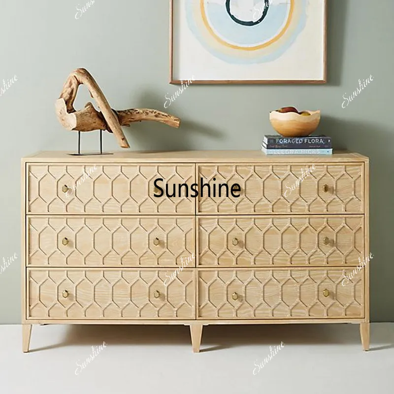 American vintage distressed chest of drawers, natural wood color storage, solid wood dining edge