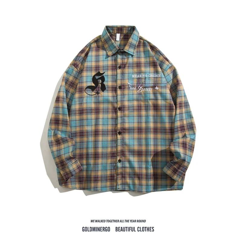 

Американская клетчатая рубашка в стиле High Street с длинными рукавами, свободного кроя, молодежная, модная, с вышивкой, верхняя одежда для мужчин и женщин