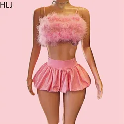 HLJ Y2K Sweet Fur Tank Top Fashion Two Piece Set For Women Thin Strap Sleeveless Backless Slim Vest And Mini Puffy Skirt Outfits