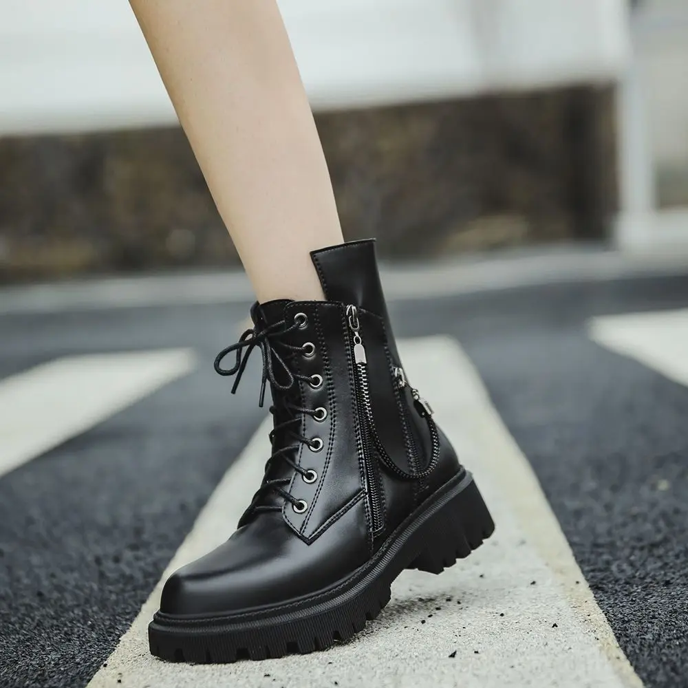 

Autumn Winter Round Toe with Laces Female Short Shoes Platform Fleece-Lined Booties Sale Goth New in Hot Pu Women's Ankle Boots