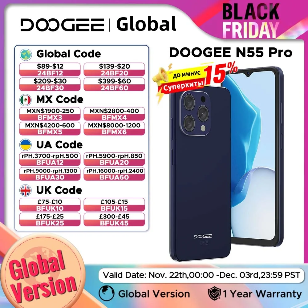 DOOGEE N55 Pro Smartphone da 6,56" 90Hz IPS 6GB RAM + 256GB ROM Octa Core 13MP Doppia fotocamera 5150mAh Batteria Face Sblocco Android 14