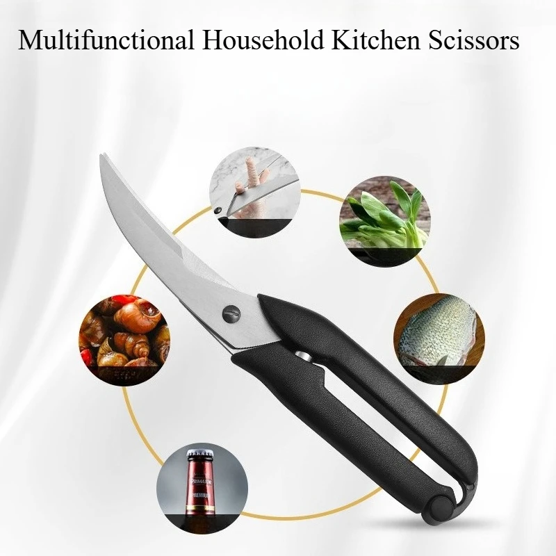 Black Elbow Kitchen Scissors with Labor‑Saving Spring Multifunctional Shears for Chicken Bone BBQ Seafood Vegetable Cutting