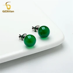 Women Elegant Jewelry Titanium Ear Stud Natural Stone Earrings Green Agate Solid Ball Mom's Birthday Present Jade Earrings Gifts