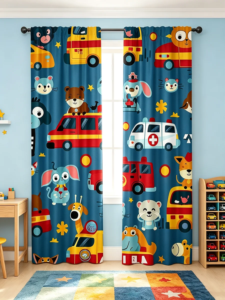 2PCS Digital Printed Curtains, Cartoon Animal Car Truck Pattern, Fun Kids Style for Living Room Bedroom Kitchen Home Decor